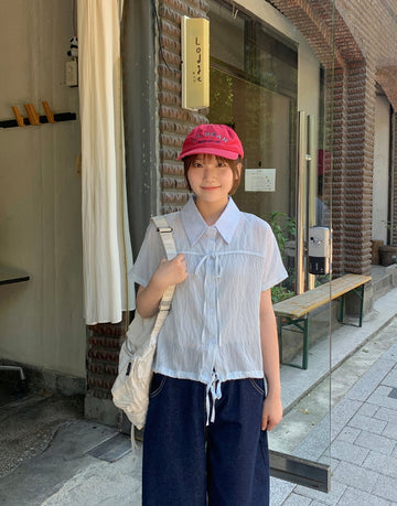 Felnas Stripe Ribbon Short Sleeve Blouse